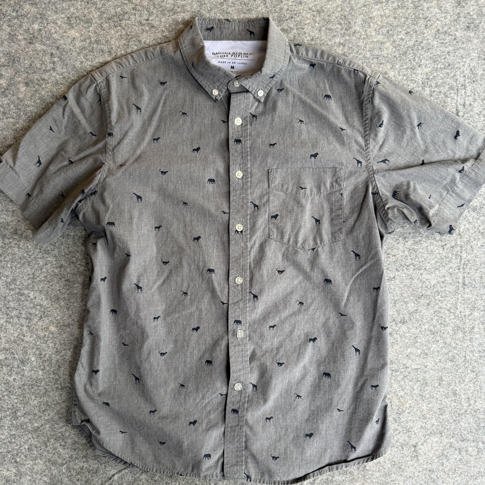 Banana Republic Shirt Mens M Slim Gray Safari Print Lux Poplin Short Sleeve AOP